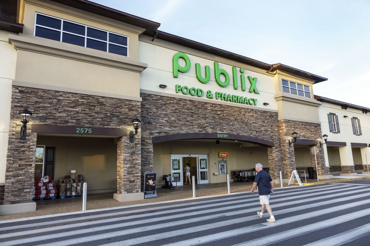 The sun-dappled entrance to Publix, grocery store in Ocala.