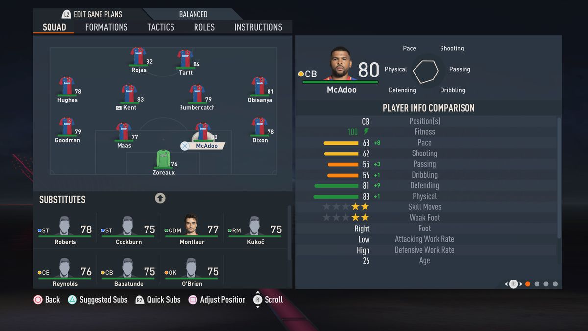 Lineup screen in FIFA 23 spotlighting fictitious player Isaac McAdoo, a fullback rated 80 overall.