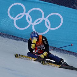 Norway's Truls Ove Karlsen is dejected after falling in the slalom portion of the men's combined downhill during the Winter Olympics at Snowbasin on Jan. 13, 2002.