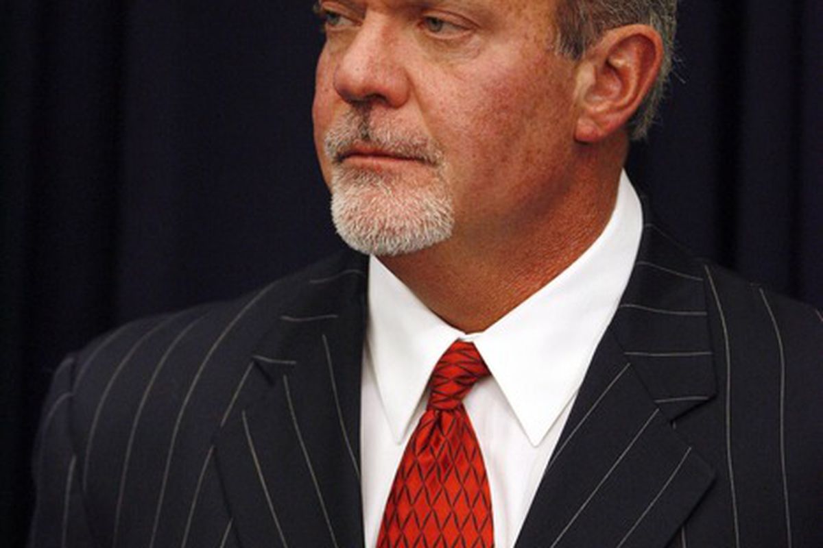 Apr 27, 2012; Indianapolis, IN, USA; Indianapolis Colts owner Jim Irsay speaks during a press conference at Lucas Oil Stadium. Mandatory Credit: Brian Spurlock-US PRESSWIRE