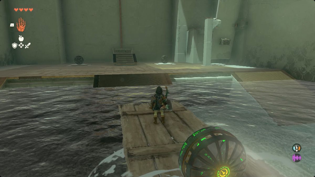 The Legend of Zelda: Tears of the Kingdom - Link riding a makeshift airboat in Ishodag Shrine