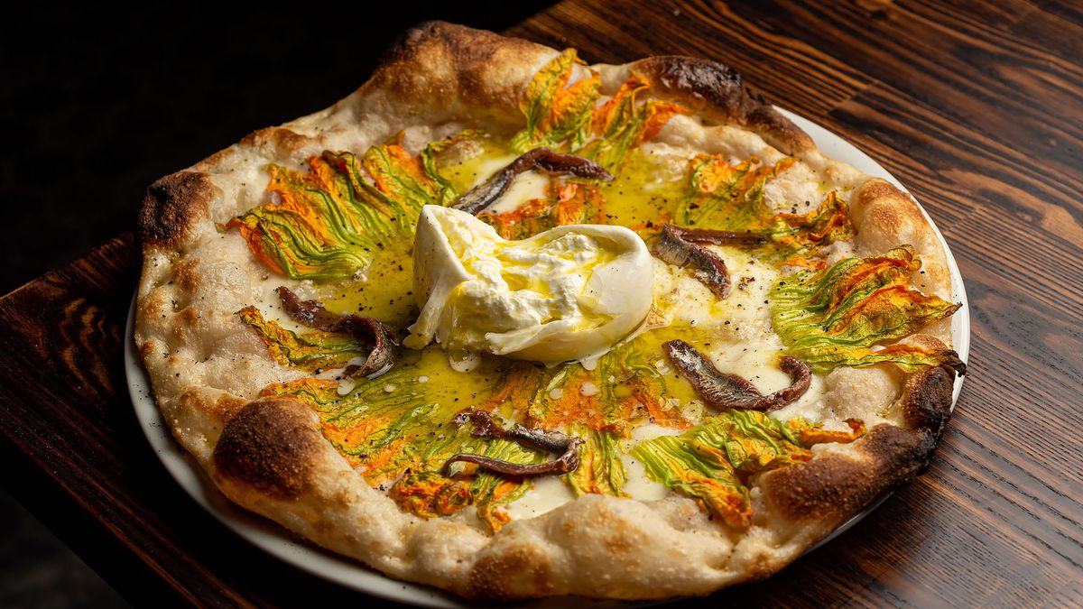 Fiori di zucca roman style pizza with squash blossoms and anchovies at Fingers Crossed in Hollywood.