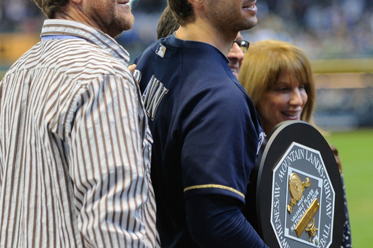 Robin Yount and Ryan Braun, #1 and #8 on the Brewer all time home run list, pose together as Braun is honored for winning the 2011 NL MVP.