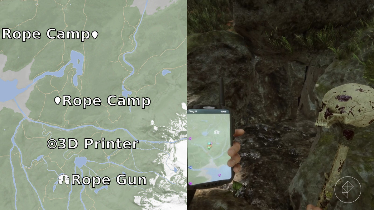 Entrance to the 3D printer bunker in Sons of the Forest depicted by an annotated map and an image of the game containing a GPS tracker and a bloodied skull club.