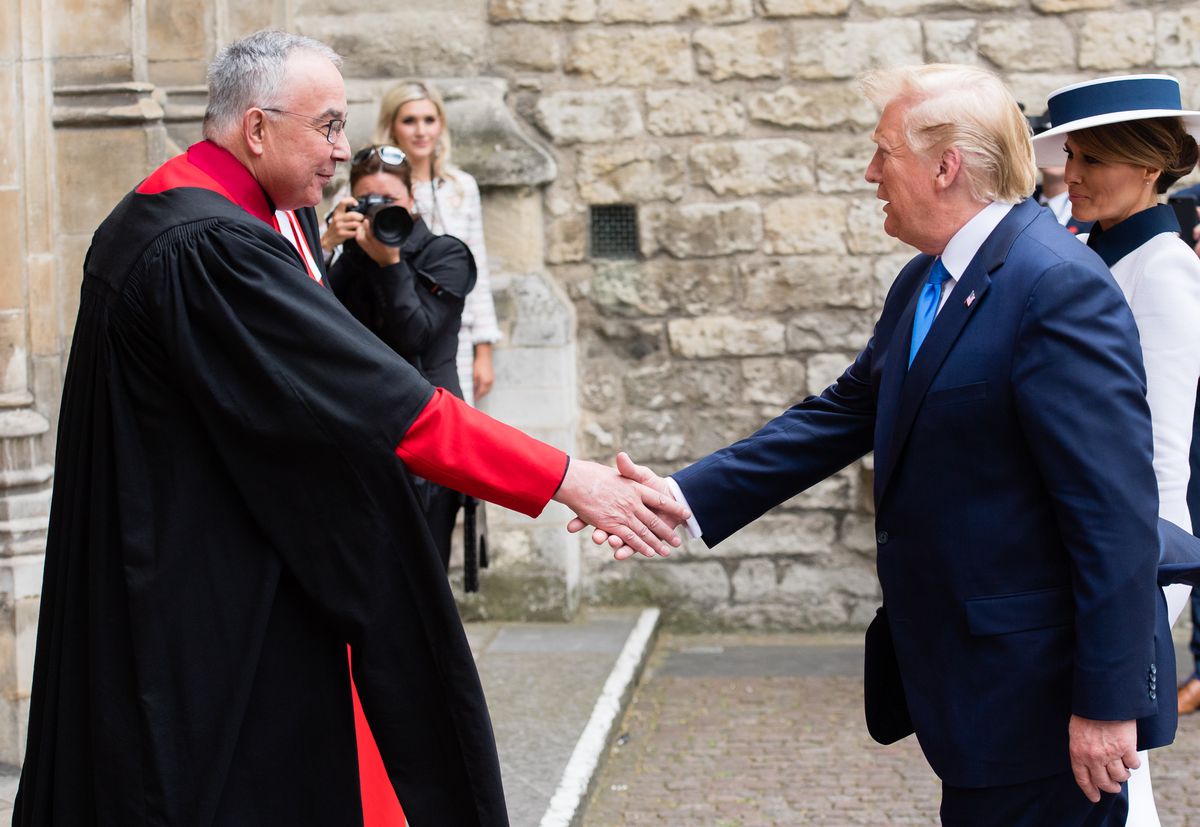 President Donald Trump and First Lady Melania Trump are greeted at Westminster Abbey by the abbey dean, the Very Rev. Dr. John Hall, on June 03, 2019, in London, England.
