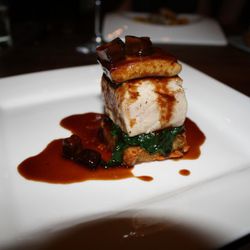 George Morrone's grilled Ahi tuna and Hudson Valley foie gras atop a potato shallot cake