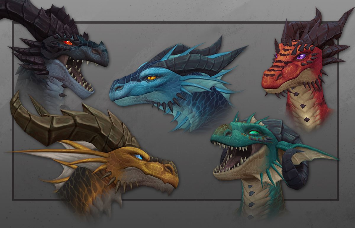 Concept art of the Dracthyr’s heads in dragon form