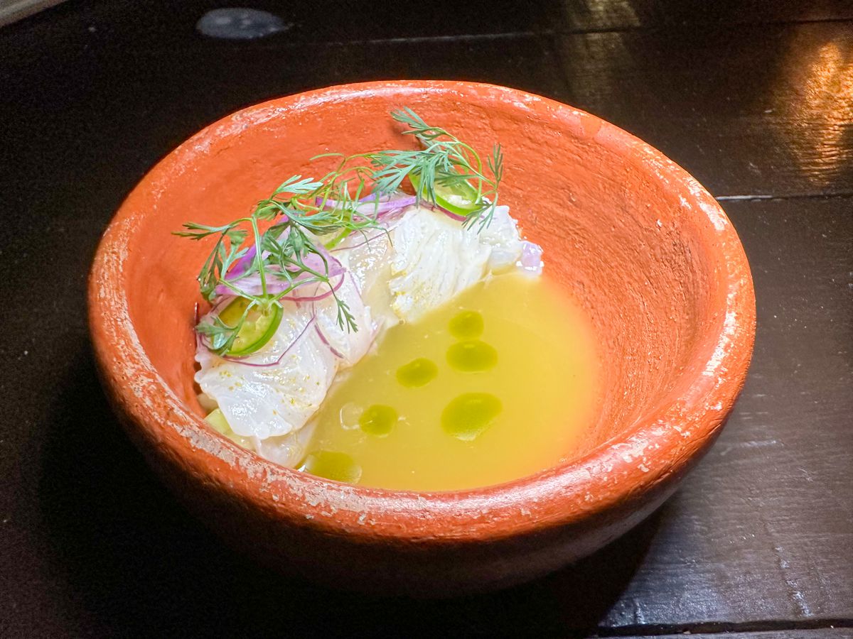 A clay bowl of ceviche, with slices of fish perched along the edge of deep yellow broth. 