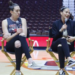 The Seattle Storm’s Sue Bird answers a question during a postgame Q&A.