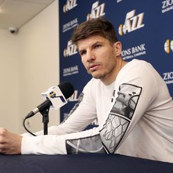Utah Jazz guard Kyle Korver talks to members of the media at Zions Bank Basketball Center in Salt Lake City on Thursday, April 25, 2019. Utah's season ended with Wednesday's loss to Houston in the NBA playoffs.