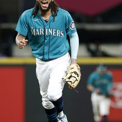 J.P. Crawford #3 of the Seattle Mariners reacts after his double play during the seventh inning