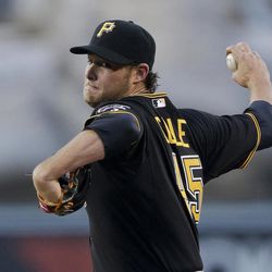 Pittsburgh Pirates starting pitcher Gerrit Cole throws to the Los Angeles Angels during the first inning of a baseball game in Anaheim, Calif., Friday, June 21, 2013. 