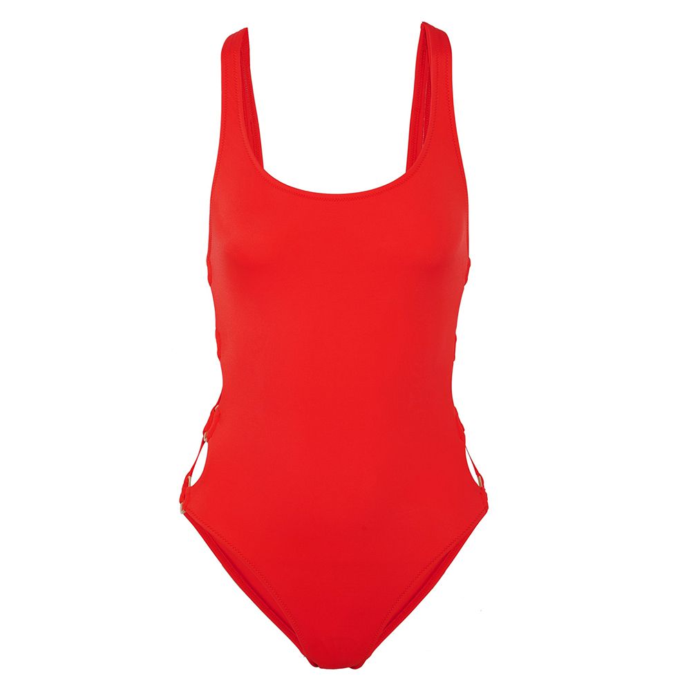 red swimsuit with chain cutouts  