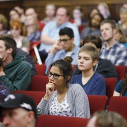 University of Utah students listen as independent presidential candidate Evan McMullin and running mate Mindy Finn speak at the Hinckley Institute in Salt Lake City on Wednesday, Nov. 2, 2016.