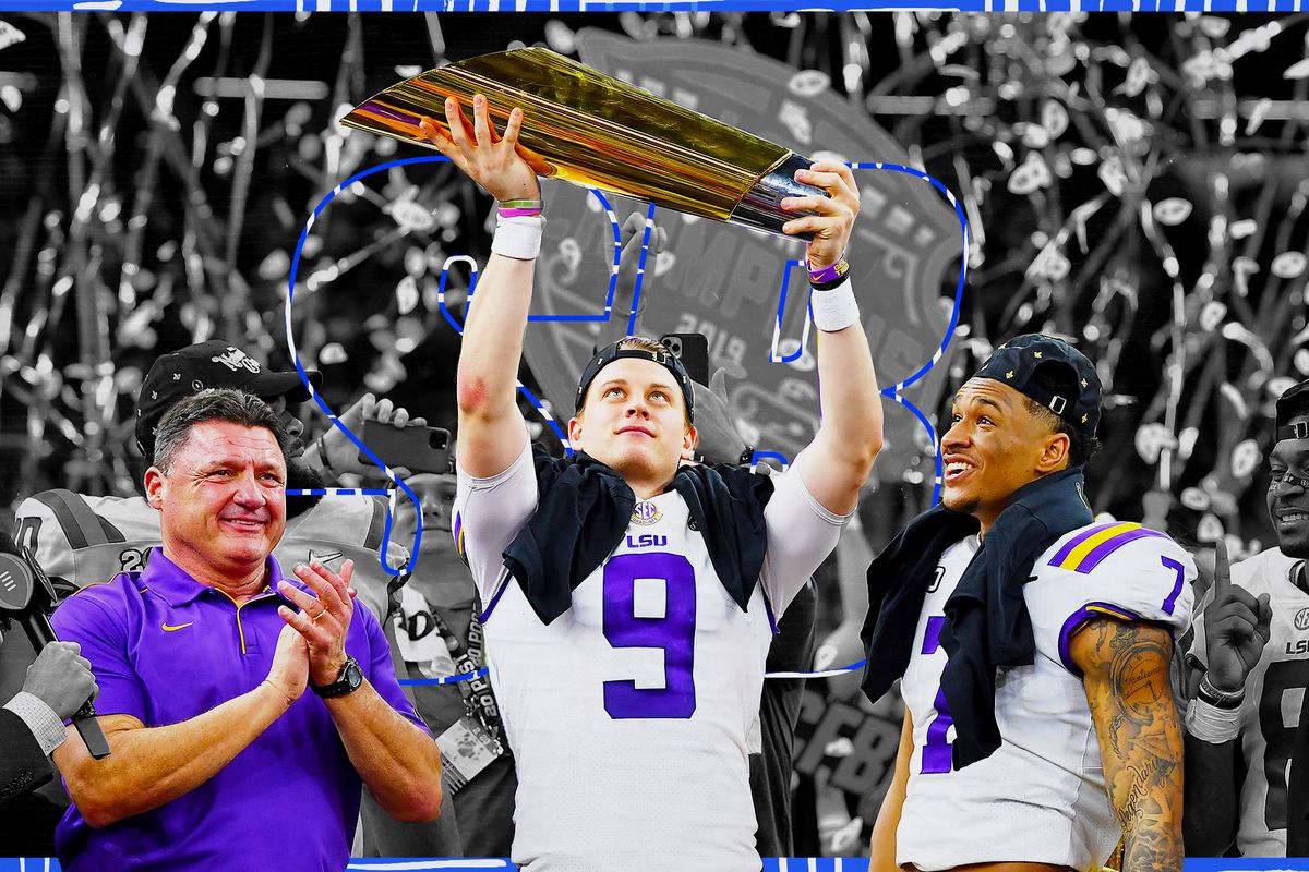 LSU QB Joe Burrow lifts the national championship trophy with coach Ed Orgeron (left) and safety Grant Delpit (right) at his side