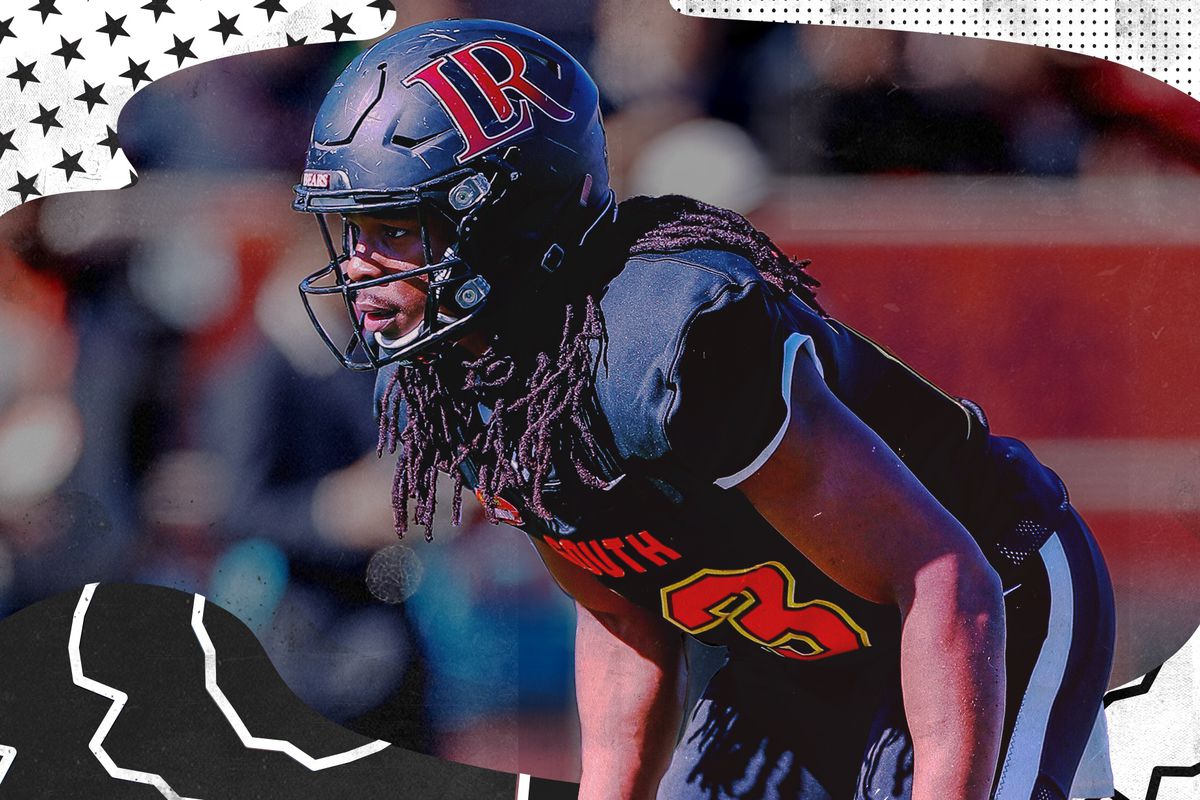 A photo of NFL Draft prospect Kyle Dugger, a safety from Lenoir-Rhyne, superimposed on a background with black and white lines and stars