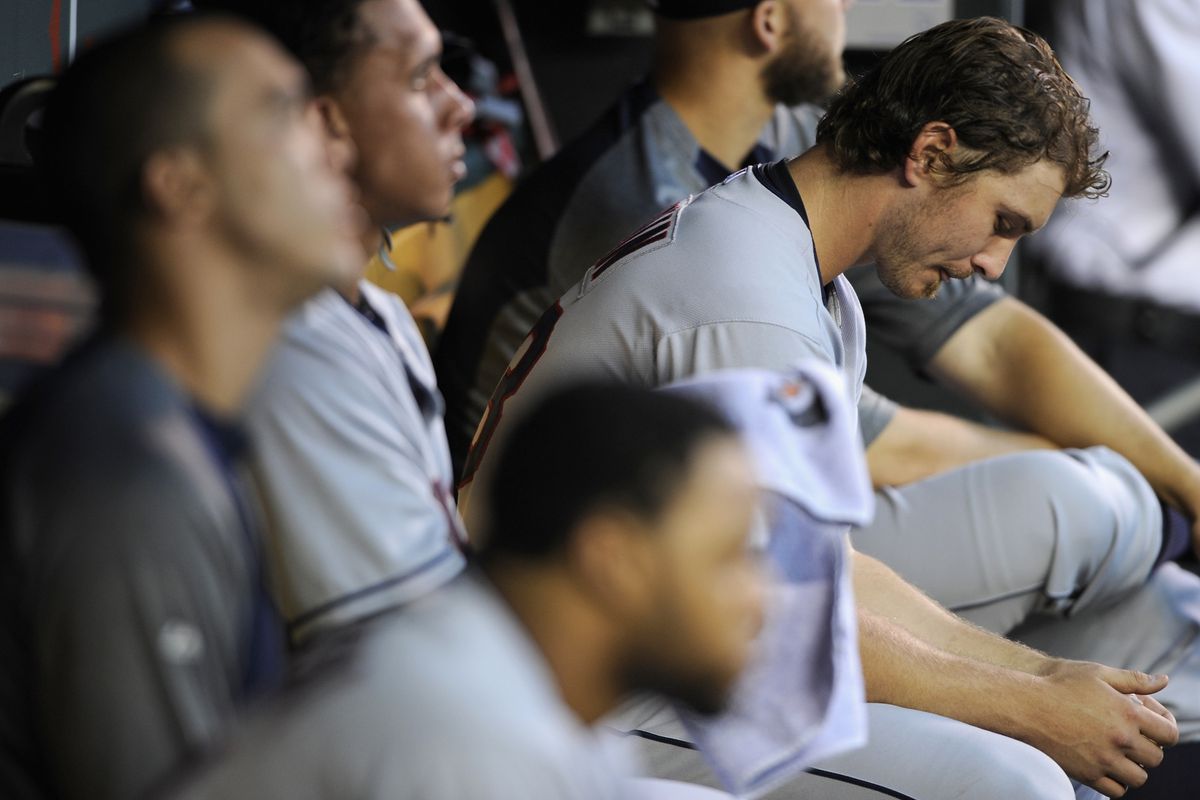 MINNEAPOLIS, MN - JULY 27: Josh Tomlin #43 of the Cleveland Indians sits in the dugout during the fifth inning against the Minnesota Twins on July 27, 2012 at Target Field in Minneapolis, Minnesota. (Photo by Hannah Foslien/Getty Images)