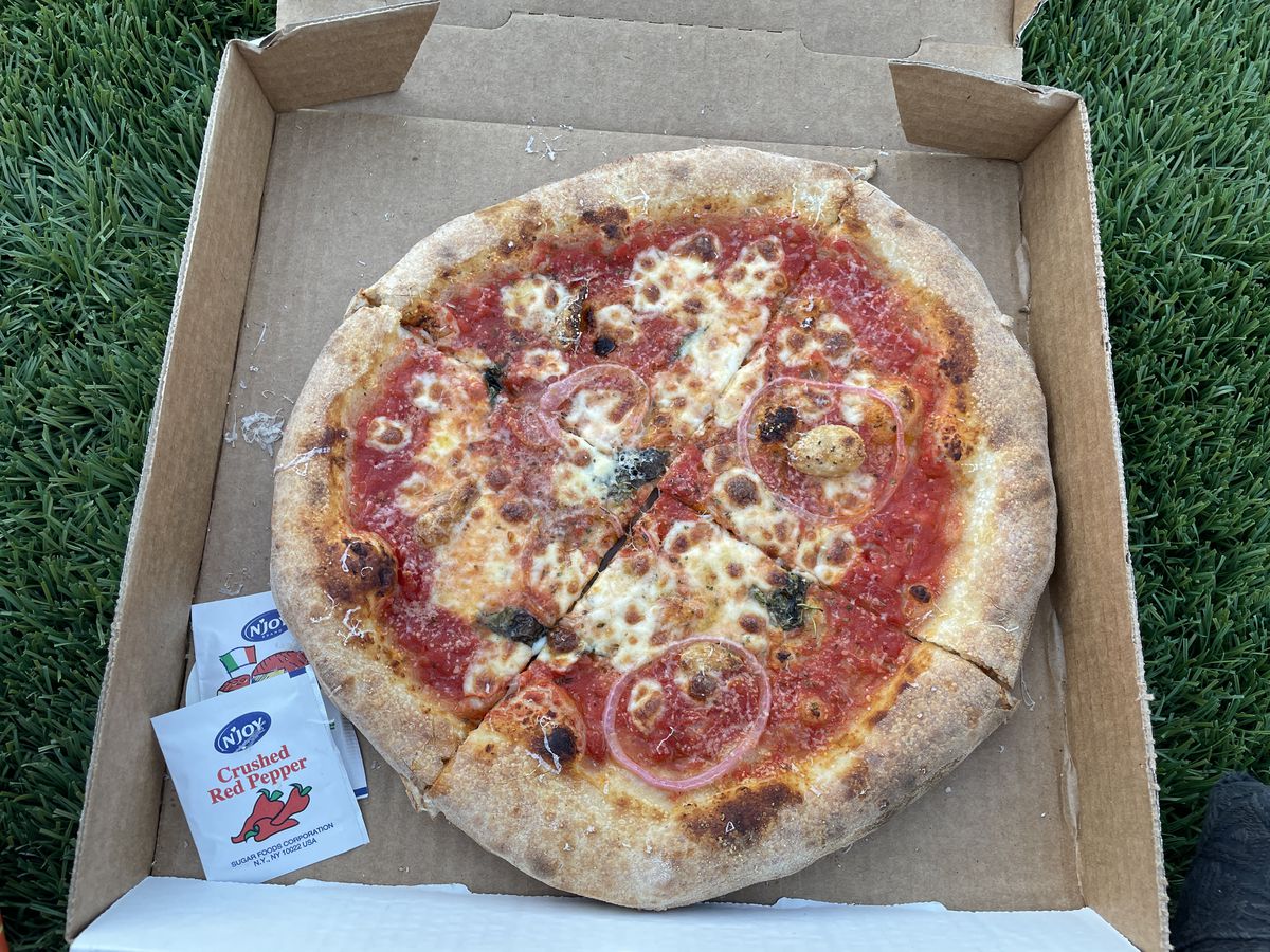 A personal-sized Margherita pizza &nbsp;from Yukon Pizza