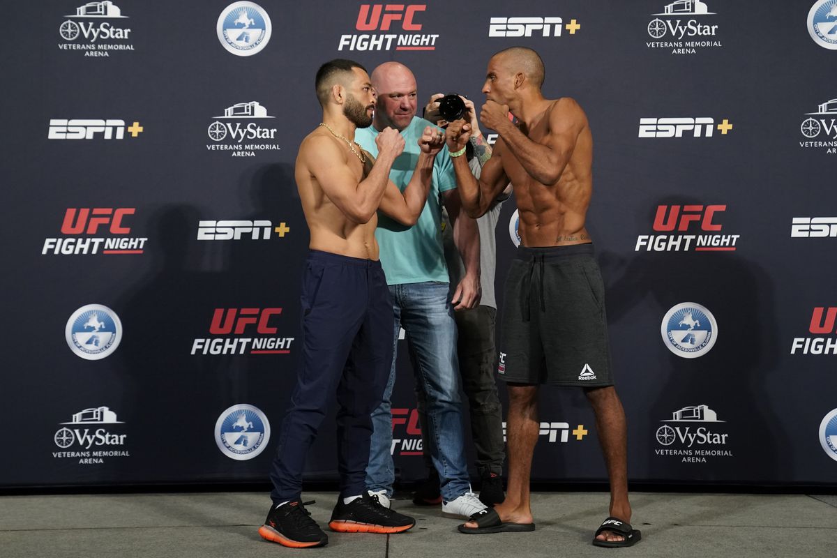 Dan Ige and Edson Barboza face off during the official UFC Fight Night weigh-in on May 15, 2020 in Jacksonville, Florida.