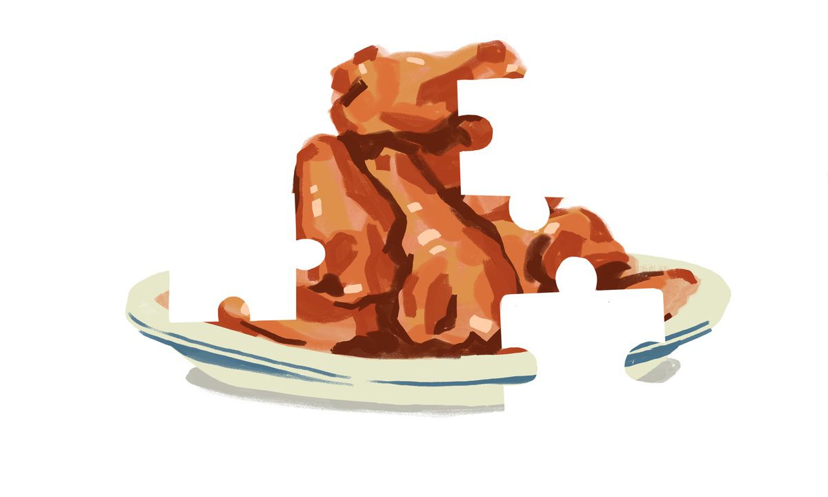 An illustration of food on a plate with puzzle-shaped missing pieces.