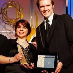Lyvia A. Martinez and Nathan D. Lee, the producer and director, respectively, of "Inspector 42" which just won top drama, and top director awards. Both are students at BYU.