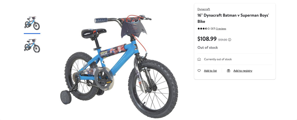 A Walmart product page for a “16” Dynacraft Batman v Superman Boys’ Bike,” a blue child-sized bicycle branded with Batman and Superman motifs. 