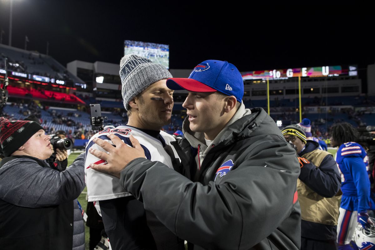 Tom Brady of the New England Patriots shakes hands with Josh Allen of the Buffalo Bills after the game at New Era Field on October 29, 2018 in Orchard Park, New York.