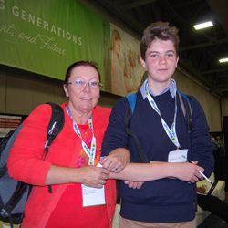 Right, Tasman, 15, earned about $5,000 to travel from Australia to Utah to attend the 2015 RootsTech Conference last week. He is seen here with his aunt, Mardi Bennett, who is also from Australia.