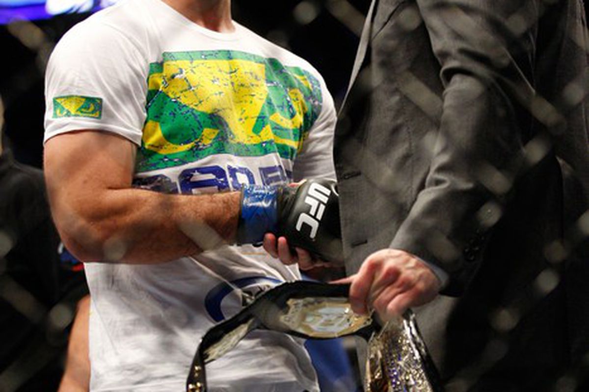 MONTREAL- MAY 8: Mauricio "Shogun" Rua receives the light heavyweight belt after defeating Lyoto Machida at UFC 113 at Bell Centre on May 8, 2010 in Montreal, Quebec, Canada.  (Photo by Richard Wolowicz/Getty Images)