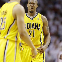 Indiana Pacers power forward David West (21) reacts to play against the Miami Heat during the second half of Game 7 in their NBA basketball Eastern Conference finals playoff series, Monday, June 3, 2013 in Miami. 