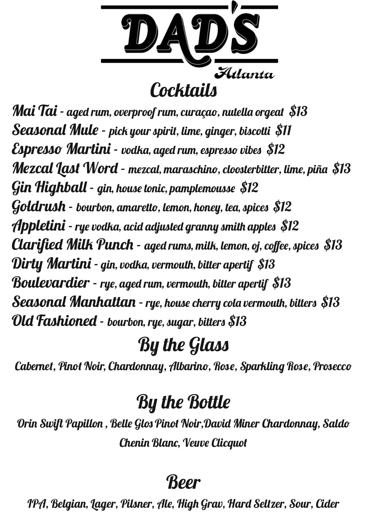 Dad’s cocktail menu in Atlanta. 