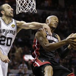 Miami Heat's Ray Allen (34) tries to shoot against San Antonio Spurs' Manu Ginobili (20), of Argentina, during the second half at Game 5 of the NBA Finals basketball series, Sunday, June 16, 2013, in San Antonio. The San Antonio Spurs won 114-104.