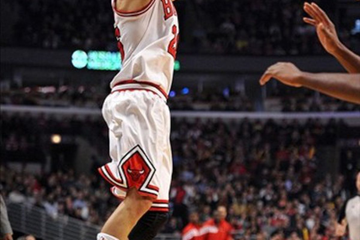 Mar 10, 2012; Chicago, IL, USA; Chicago Bulls small forward Kyle Korver (26) shoots the ball against the Utah Jazz during the first quarter at the United Center. Mandatory Credit: Rob Grabowski-US PRESSWIRE