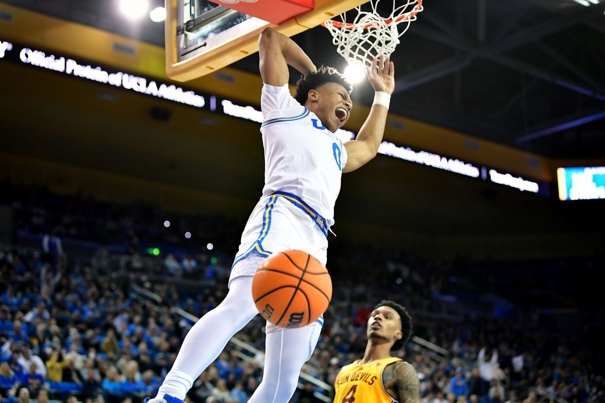 UCLA Bruins guard Jaylen Clark (0) dunks for the basket against the Arizona State Sun Devils during the second half at Pauley Pavilion.