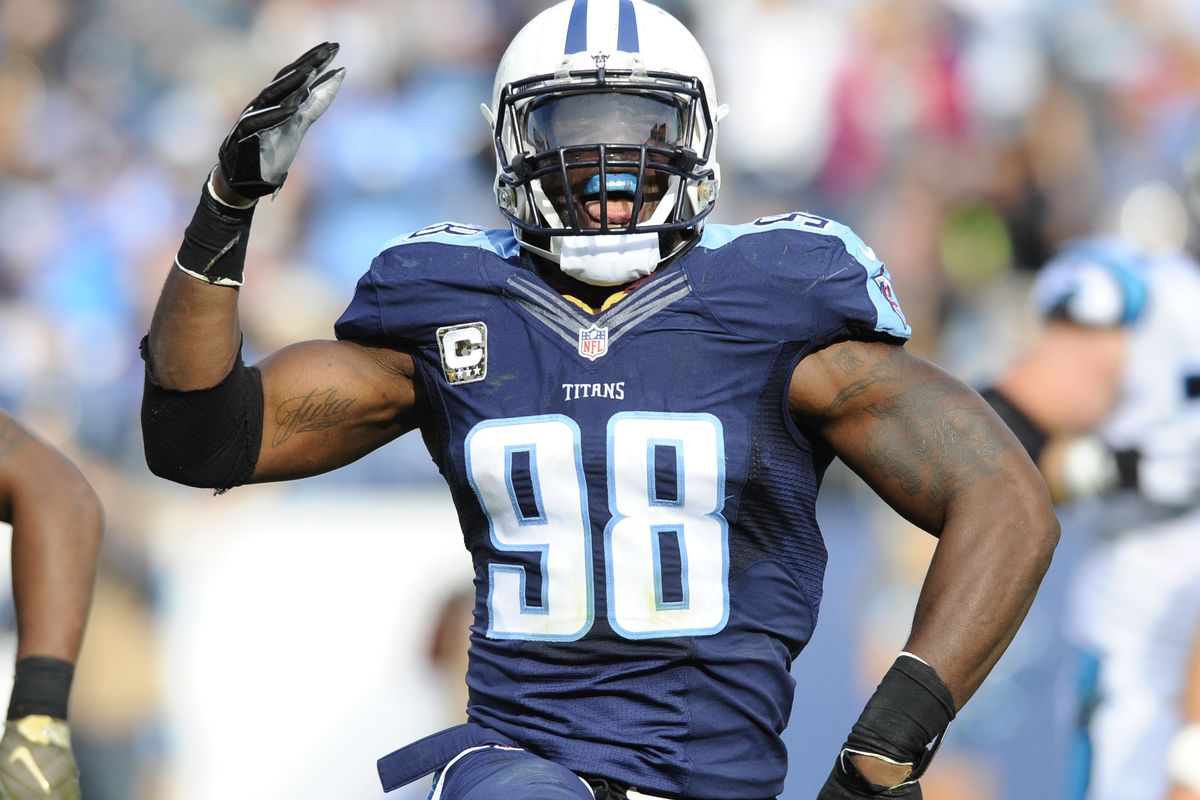 Tennessee Titans linebacker Brian Orakpo (98) celebrates after a sack during the second half against the Carolina Panthers.