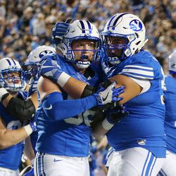 Brigham Young Cougars tight end Tanner Balderree (89) celebrates the go ahead touch down with teammates as BYU and Mississippi State play in Provo at LaVell Edwards Stadium on Friday, Oct. 14, 2016.