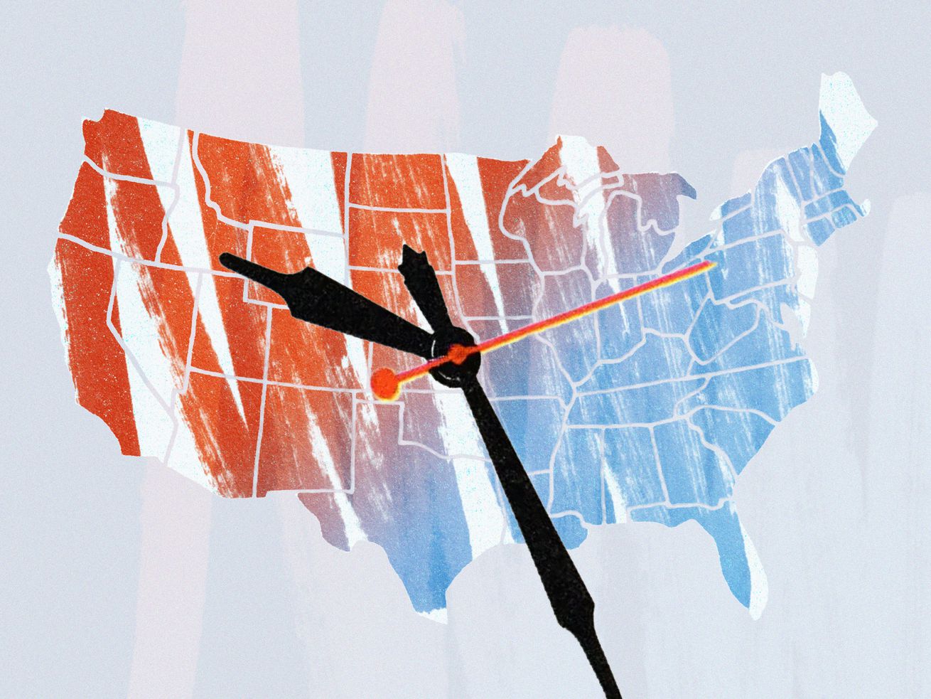 An image of the US with clock hands over it.
