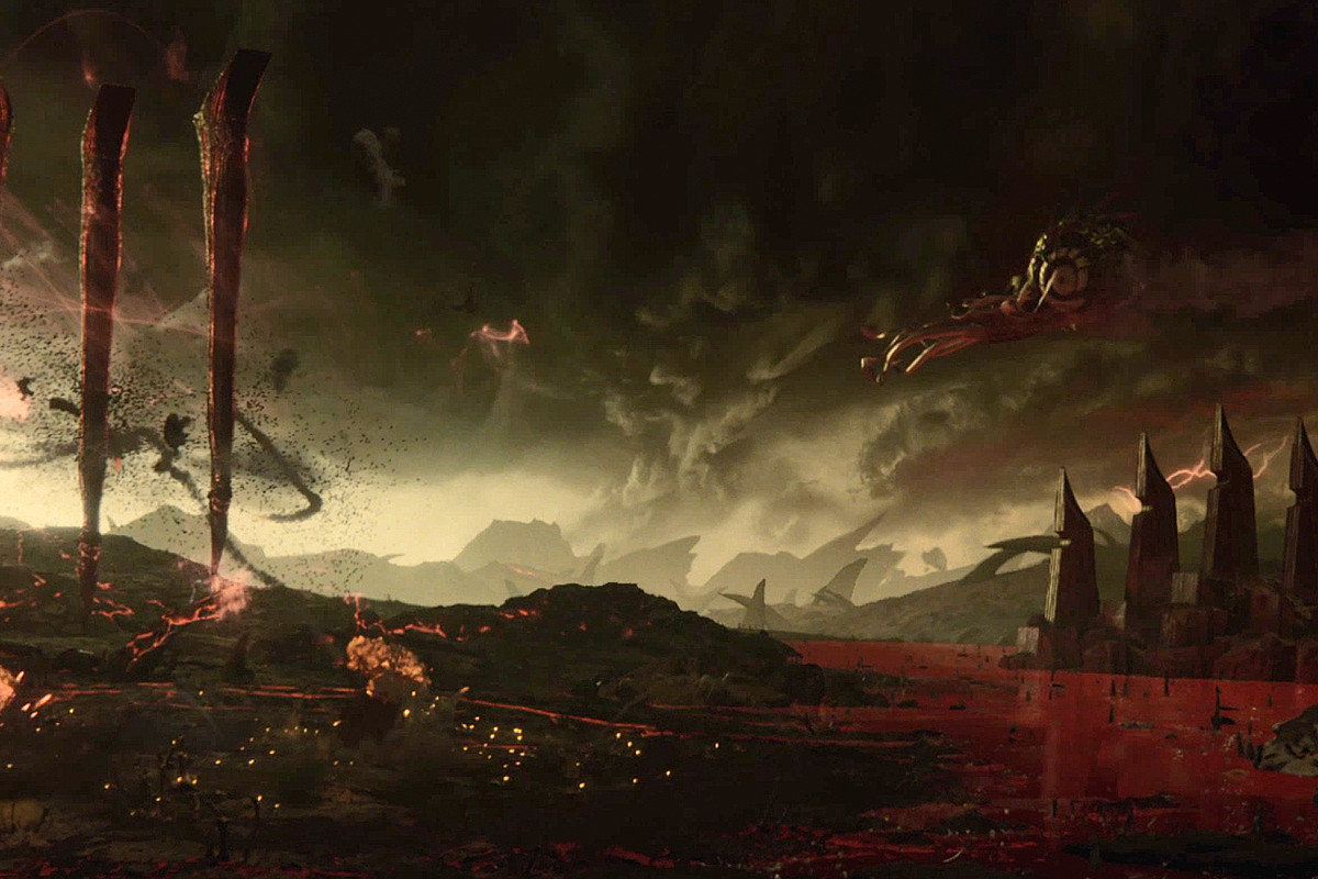 Baldur’s Gate 3 screenshot of an illithid Nautiloid flying through a hellish landscape