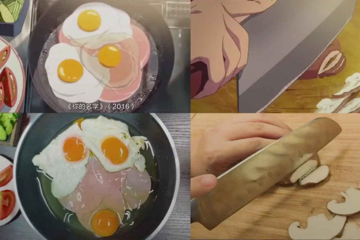 On the left, a cartoon of three eggs cooking in a frying pan compared with a film still of three real-life eggs in a frying pan. On the right, an animated knife cutting mushrooms juxtaposed with the filmmaker’s hands cutting mushrooms.