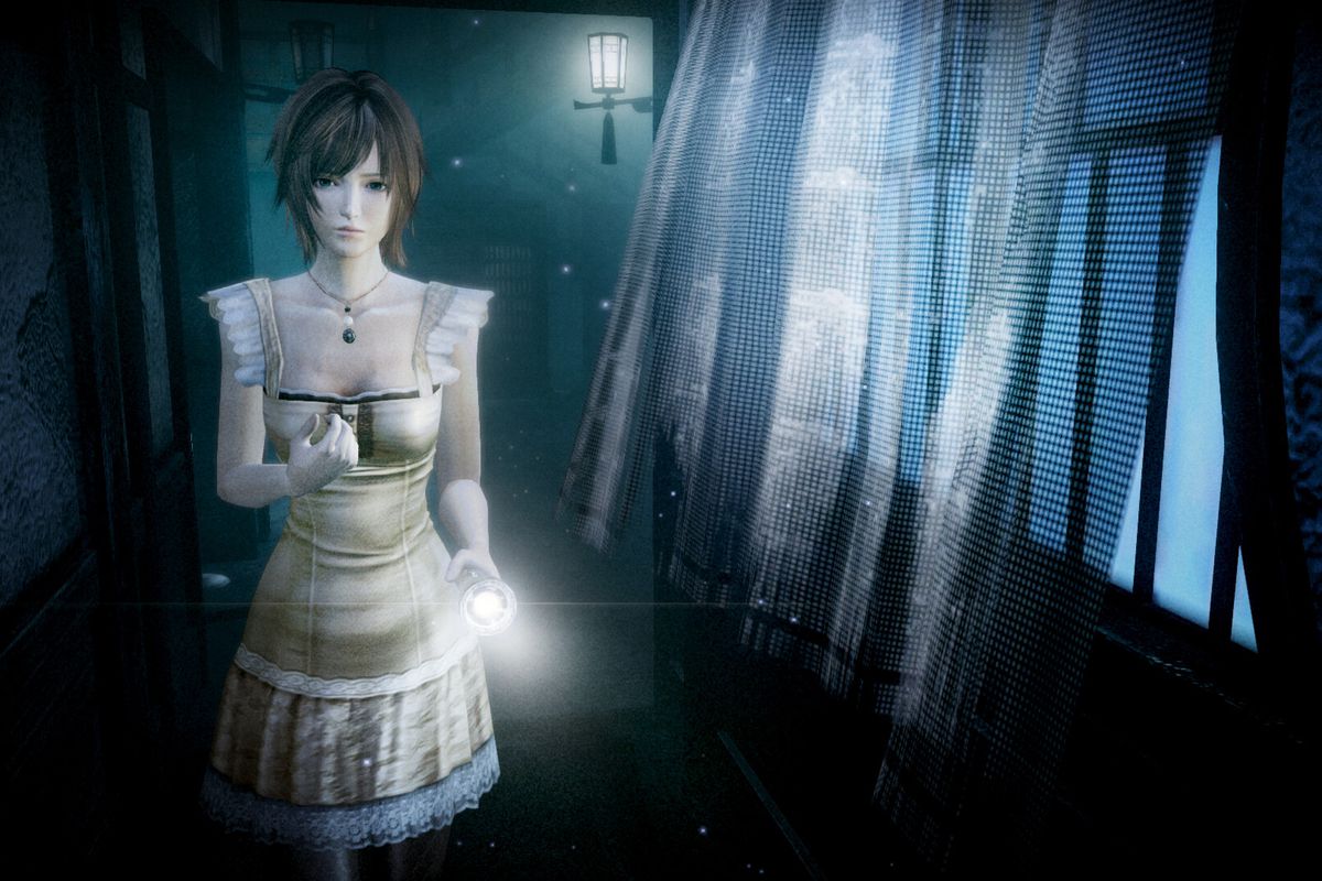 A young woman with short dark hair, wearing a white and yellow dress, holds a flashlight in one hand as she proceeds down a dark hallway in Fatal Frame: Mask of the Lunar Eclipse.