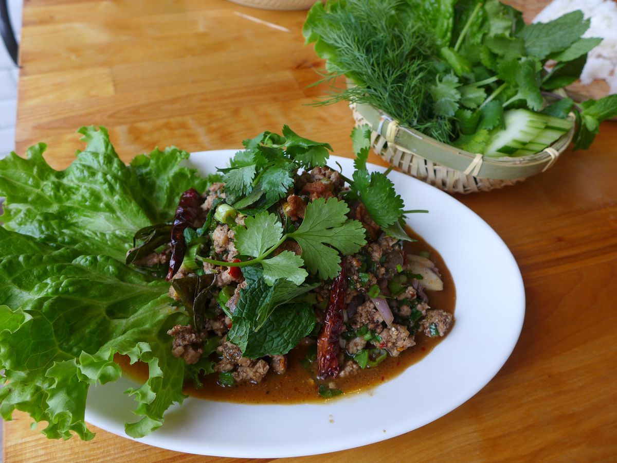 A white plate with a dark ground duck salad and lots of greenery and herbs on top and on the side.