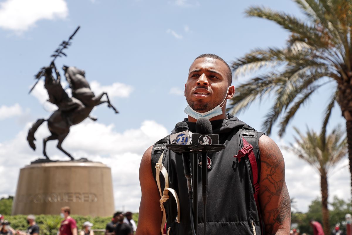 Defensive back Jaiden Lars-Woodbey of the Florida State Football Team speaks with the media before a unity walk on June 13, 2020 in Tallahassee, Florida.