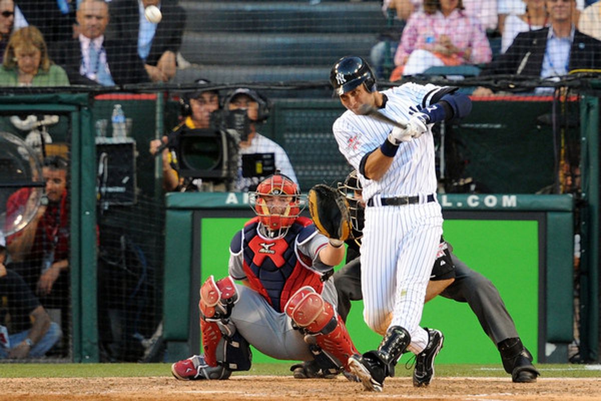 ANAHEIM CA - JULY 13:  American League All-Star Derek Jeter #2 of the New York Yankees at bat during the 81st MLB All-Star Game at Angel Stadium of Anaheim on July 13 2010 in Anaheim California.  (Photo by Lisa Blumenfeld/Getty Images)