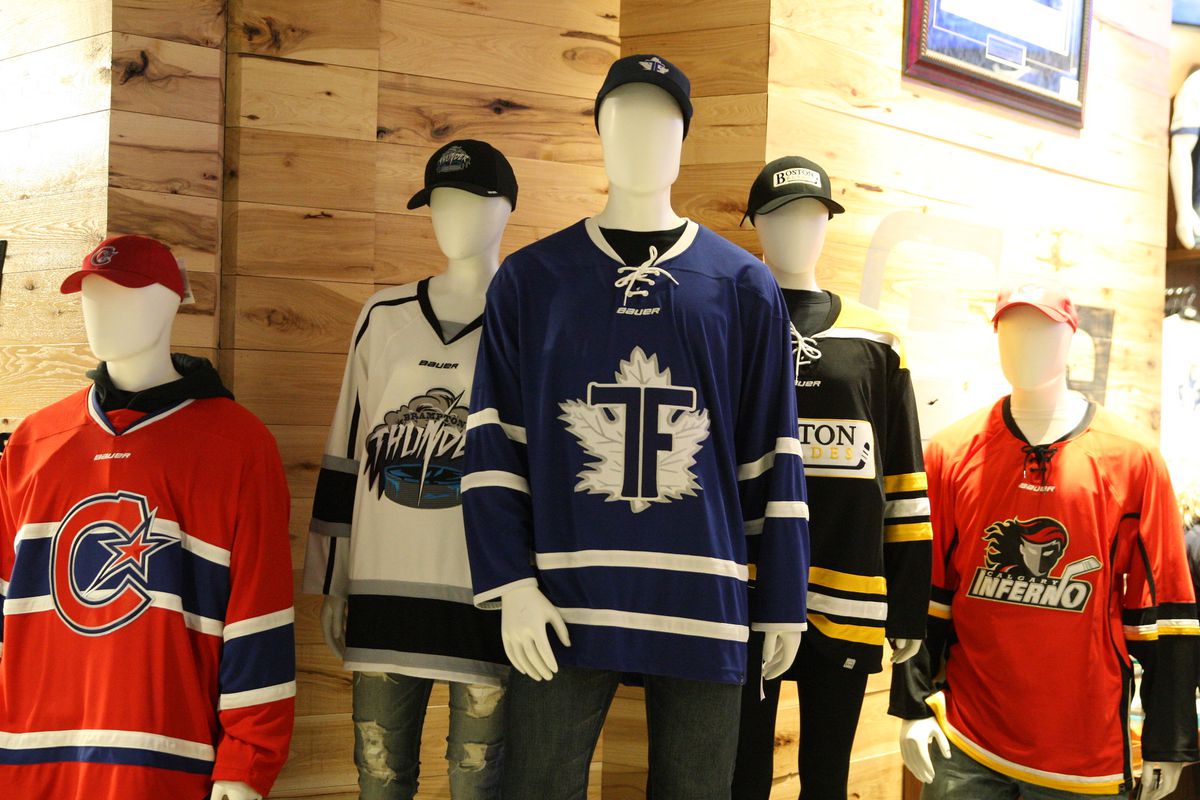 CWHL jerseys on display at RealSports in Toronto