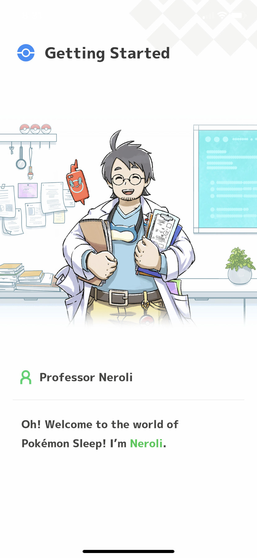 A screenshot of Pokémon Sleep depicting Professor Neroli, the sleep researcher who invites you to submit Pokémon sleep data. He’s wearing a lab coat over a blue shirt and khaki pants, and he’s holding a clipboard in one hand and some papers in the other