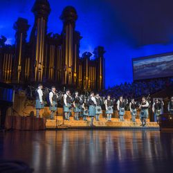 Members of the Salt Lake Pipe band perform as Salt Lake Interfaith Roundtable presents Sacred Music, religious music, dance and performance representing faith traditions worldwide Sunday, Oct. 18, 2015, inside the tabernacle on Temple Square, in Salt Lake City.