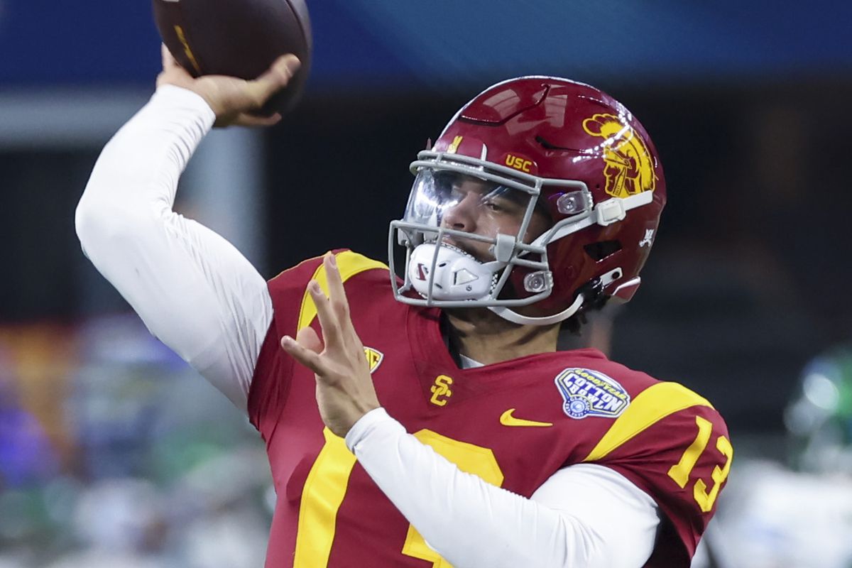 USC Trojans quarterback Caleb Williams warms up before the game against the Tulane Green Wave in the 2023 Cotton Bowl at AT&amp;T Stadium