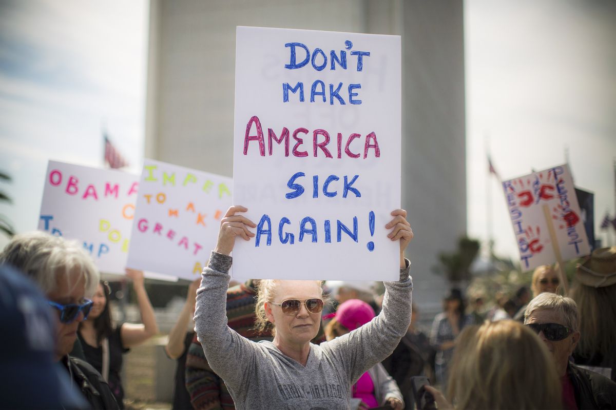 Protestors against the Trump administration’s policies threatening the Affordable Care Act, Medicare, and Medicaid in Los Angeles,&nbsp;California, on January 25, 2017.