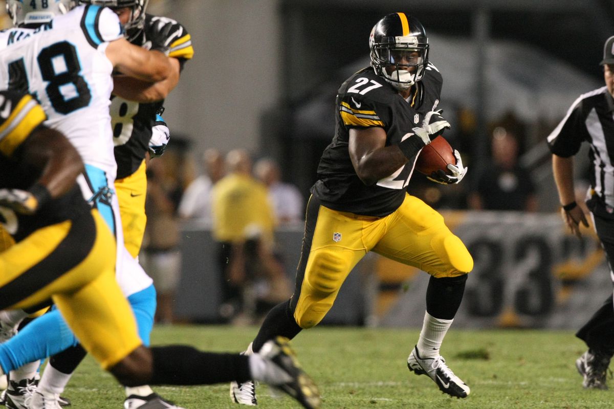 Aug 30, 2012; Pittsburgh , PA, USA; Pittsburgh Steelers running back Jonathan Dwyer (27) runs the ball against the Carolina Panthers during the first half of the game at Heinz Field. Mandatory Credit: Jason Bridge-US PRESSWIRE