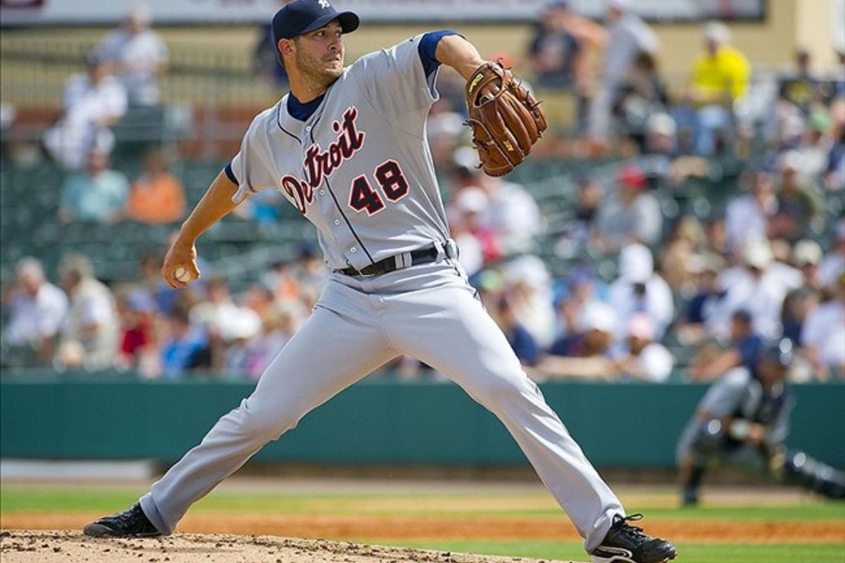 Mar 6, 2012; Jupiter, FL. USA; Detroit Tigers starting pitcher Rick Porcello (48) delivers a pitch against the Miami Marlins at Roger Dean Stadium. The Tigers defeated the Marlins 3-1. 